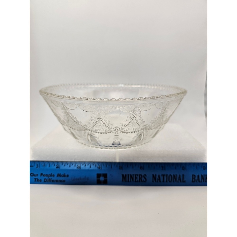 Vintage Clear Pressed Glass Serving Bowl Lace Paisley Pattern Beaded Rim 8.5"